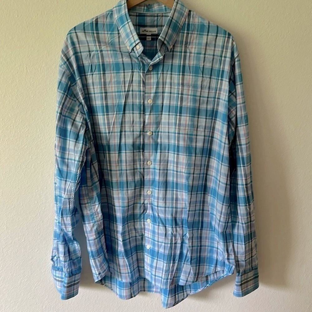 Peter Miller sz XL cotton plaid blue long sleeve button down shirt Great cond